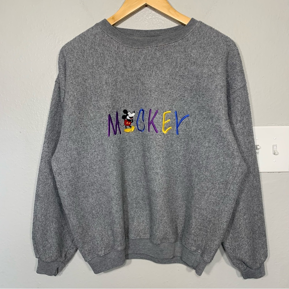 Vintage 90s Mickey Mouse Embroidered Gray Fleece Sweatshirt Large‎